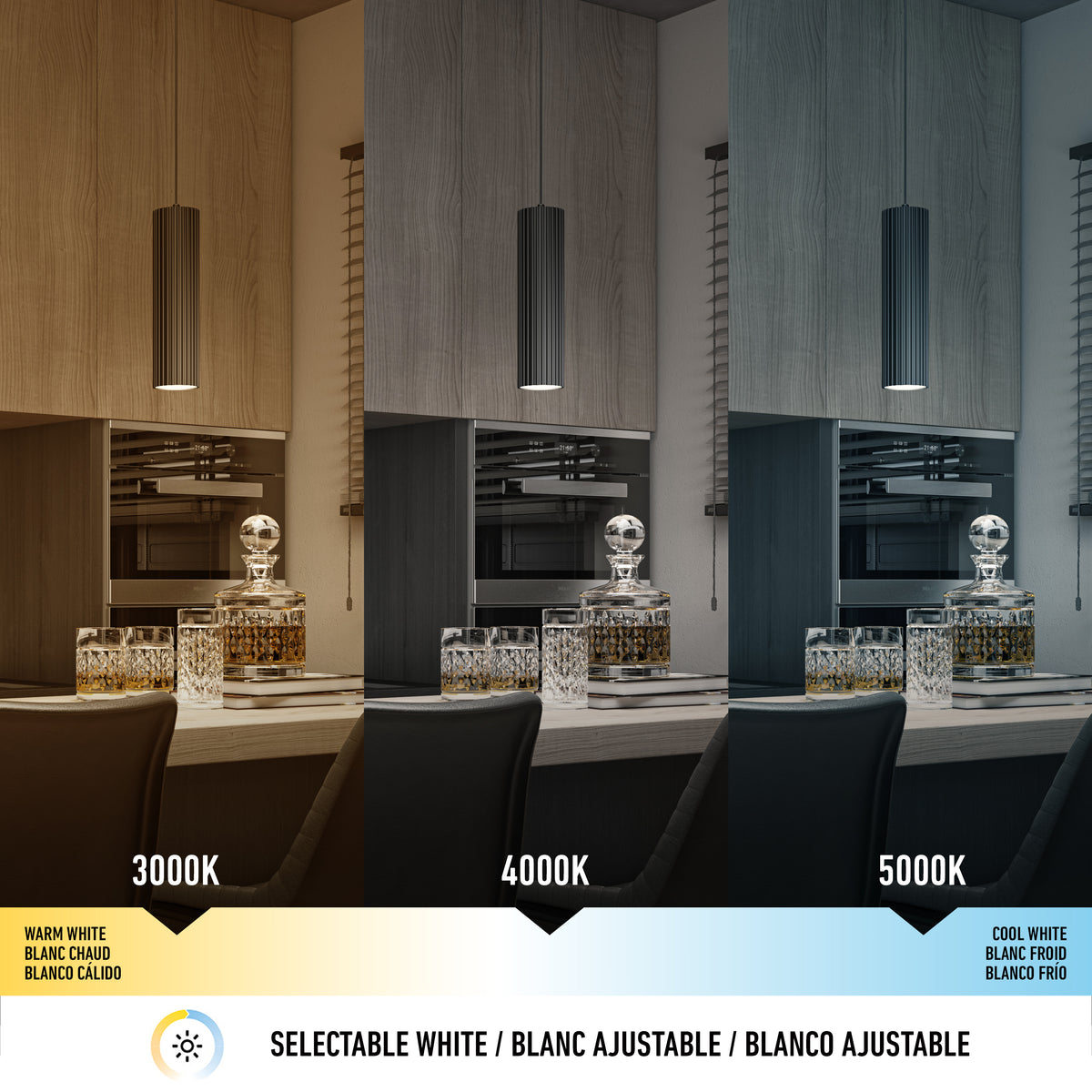 A kitchen scene shown under three lighting temperatures: warm white at 3000K, neutral white at 4000K, and cool white at 5000K. Each section displays bottles and glassware on a counter, illustrating lighting effects.