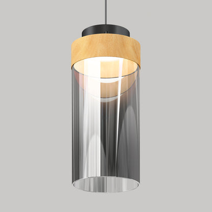 The Artika Hanson 1-light LED pendant features a cylindrical clear glass shade with a wooden top accent, suspended by a black cord against a plain gray background.