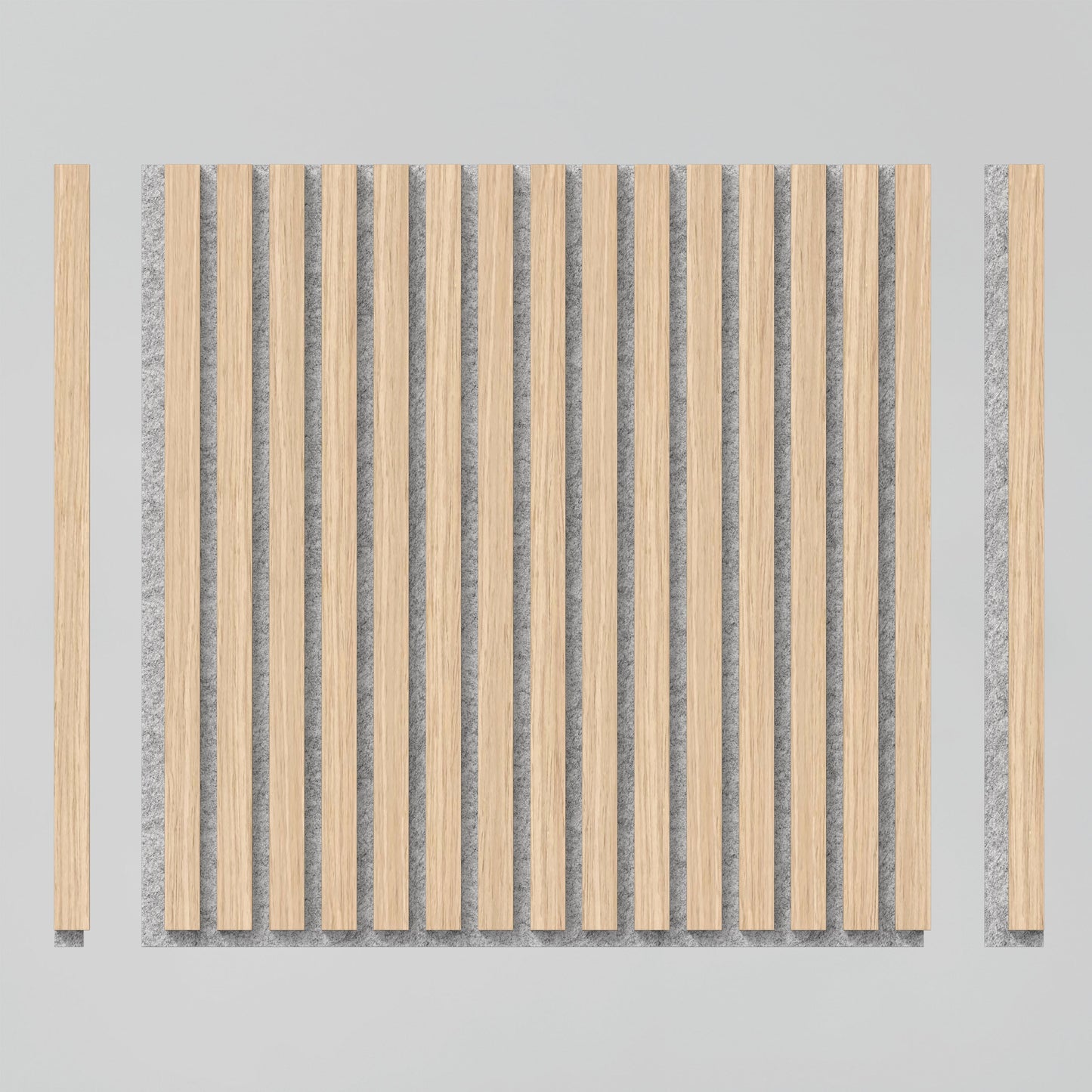 The Artika-CAN-dev Sonolok 15.5 ft sound-absorbing wall panel kit features evenly spaced vertical light wood slats on a gray background, with two matching parallel slats on each side for a minimalist, symmetrical look.