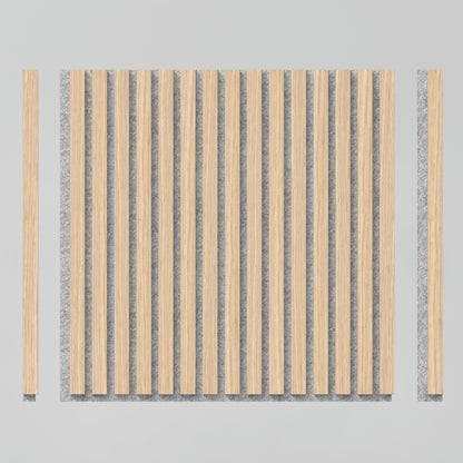 The Artika-CAN-dev Sonolok 15.5 ft sound-absorbing wall panel kit features evenly spaced vertical light wood slats on a gray background, with two matching parallel slats on each side for a minimalist, symmetrical look.