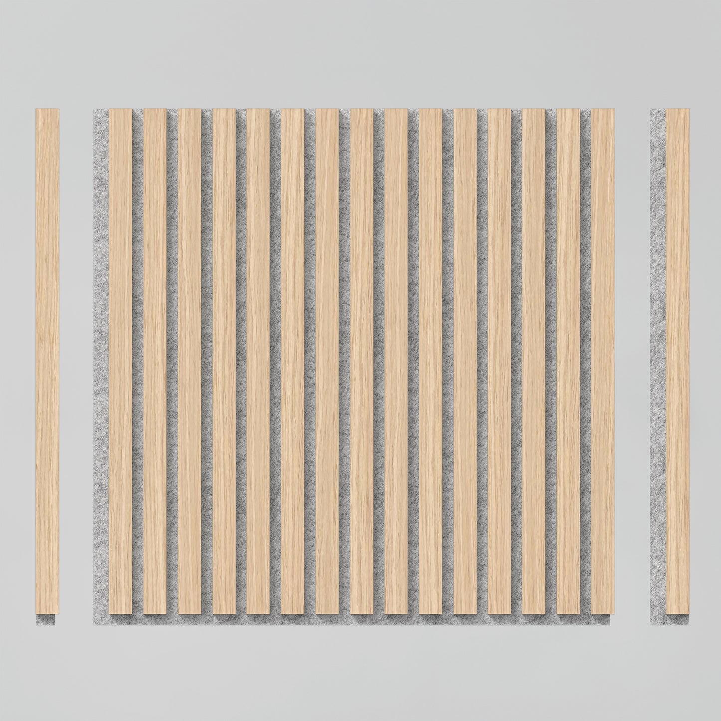 The Sonolok 15.5 ft sound-absorbing wall panel kit by Artika features a minimal, symmetrical design with evenly spaced vertical light wood slats over a gray background, bordered by single wood slats on each side.