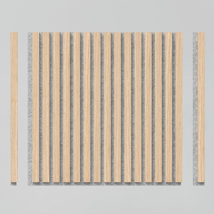 The Sonolok 15.5 ft sound-absorbing wall panel kit by Artika features a minimal, symmetrical design with evenly spaced vertical light wood slats over a gray background, bordered by single wood slats on each side.