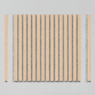 The Artika Sonolok 15.5 ft sound-absorbing wall panel kit features a minimalist, geometric design with evenly spaced vertical wooden slats on a gray background and extra slats on each side of the central panel.