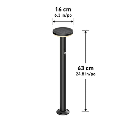 Artika Urbia Solar LED Bollard with Motion Sensor, 63 cm tall, 16 cm wide, shown with measurement labels in cm and inches.