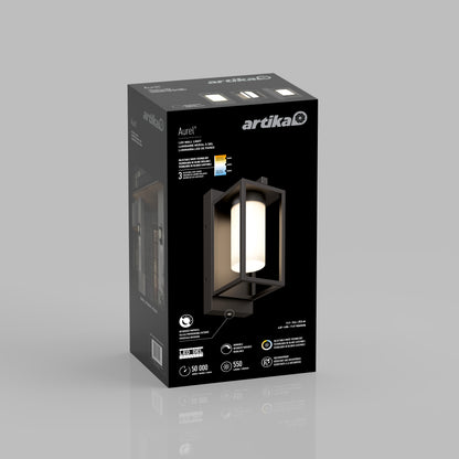 A black Artika Aurel Outdoor LED Light, 3CCT box is on a gray background, displaying the product image, key features, and specifications on the packaging.
