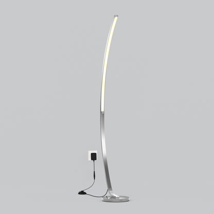 The Artika Arc LED Floor Lamp features a modern arched design, slim metallic base, integrated dimmable LED light strip, and plugs into a wall outlet. Shown against a plain light gray background.