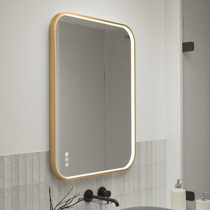 The Artika Royce Dimmable LED Mirror (3 CCT) features a modern rectangular design with rounded corners, illuminated border, touch controls, and built-in defogger, and can be mounted horizontally or vertically above black fixtures.