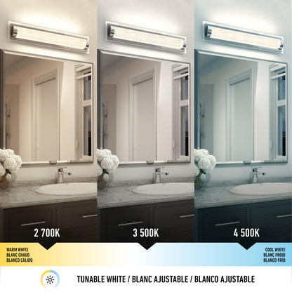 The Artika Glamour LED bathroom vanity light 3 CCT is shown under warm white (2700K), neutral white (3500K), and cool white (4500K) to demonstrate how each lighting temperature affects the appearance of wall and counter colors.