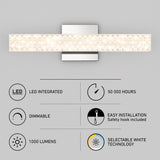Rectangular wall light fixture with a decorative pattern, shown above six icons highlighting features: LED integrated, 50,000 hours lifespan, dimmable, easy installation, 1000 lumens, and selectable white technology.