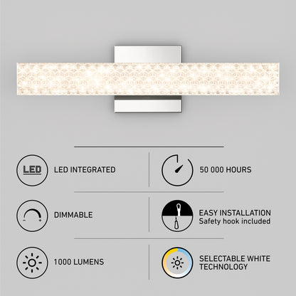 Above the feature icons, the Artika Adeline modern LED bathroom vanity light 3 CCT offers LED integration, 50,000-hour lifespan, dimmable function, easy safety hook installation, 1,000 lumens brightness, and customizable white technology.