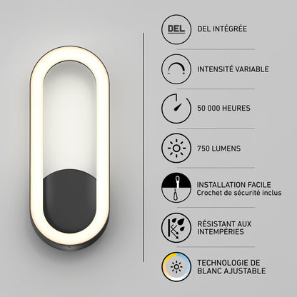 An oval Aiden modern LED indoor-outdoor wall light 5 CCT next to seven icons showing dimmability, 50,000-hour lifespan, 750 lumens, and weather-proof.