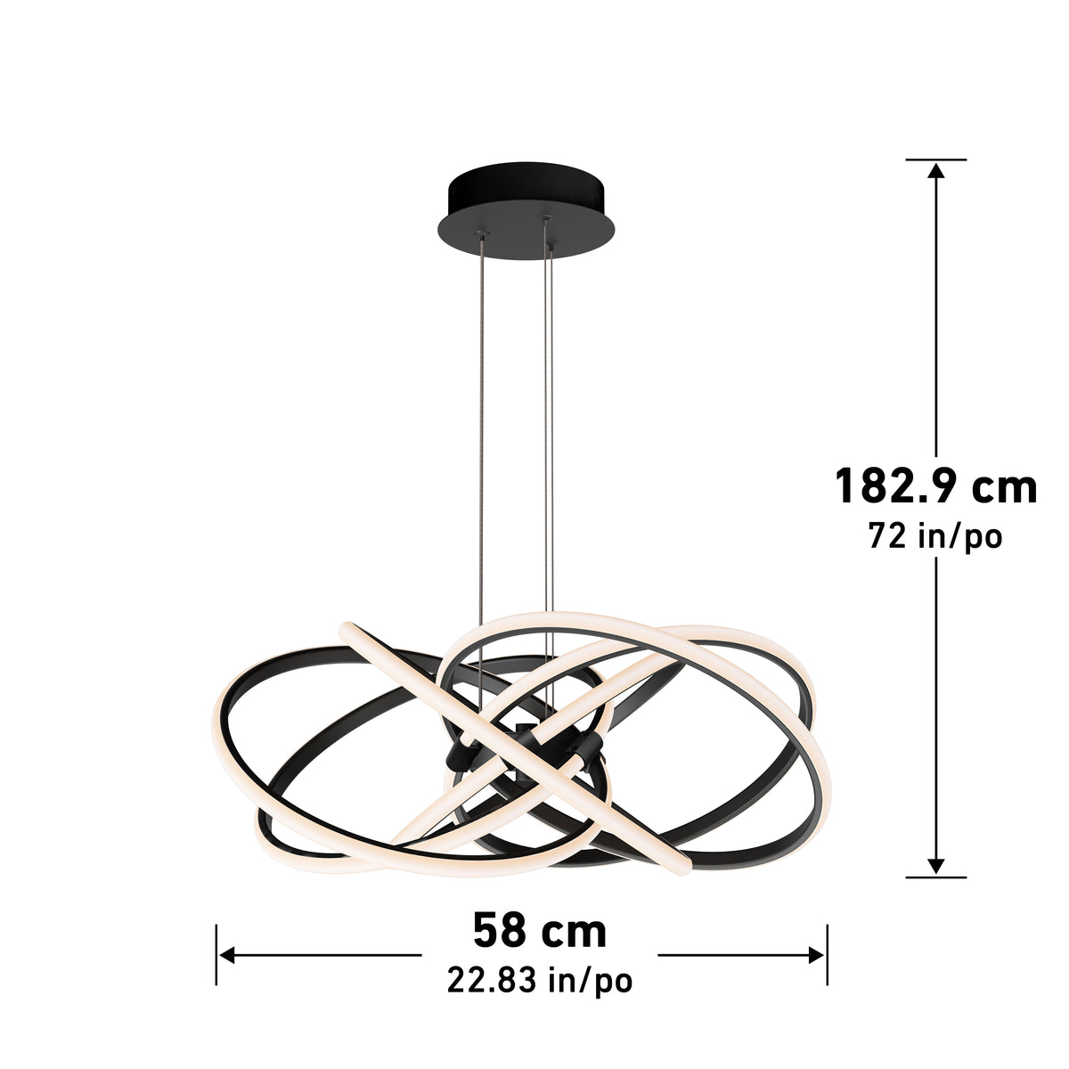 Modern black and white LED pendant light fixture with intertwined rings, hanging from a ceiling mount. Dimensions are 182.9 cm (72 in) in height and 58 cm (22.83 in) in width, indicated with arrows and labels.