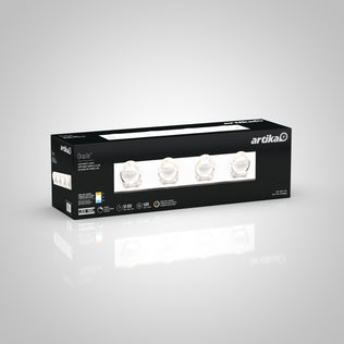 Artika Oracle modern LED bathroom vanity light with four globes and tunable white tech on a gray background.