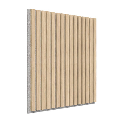 The Artika-CAN-dev Sonolok 15.5 ft sound-absorbing wall panel kit features vertical light wood slats on a gray backing, displayed at an angle against a white background.