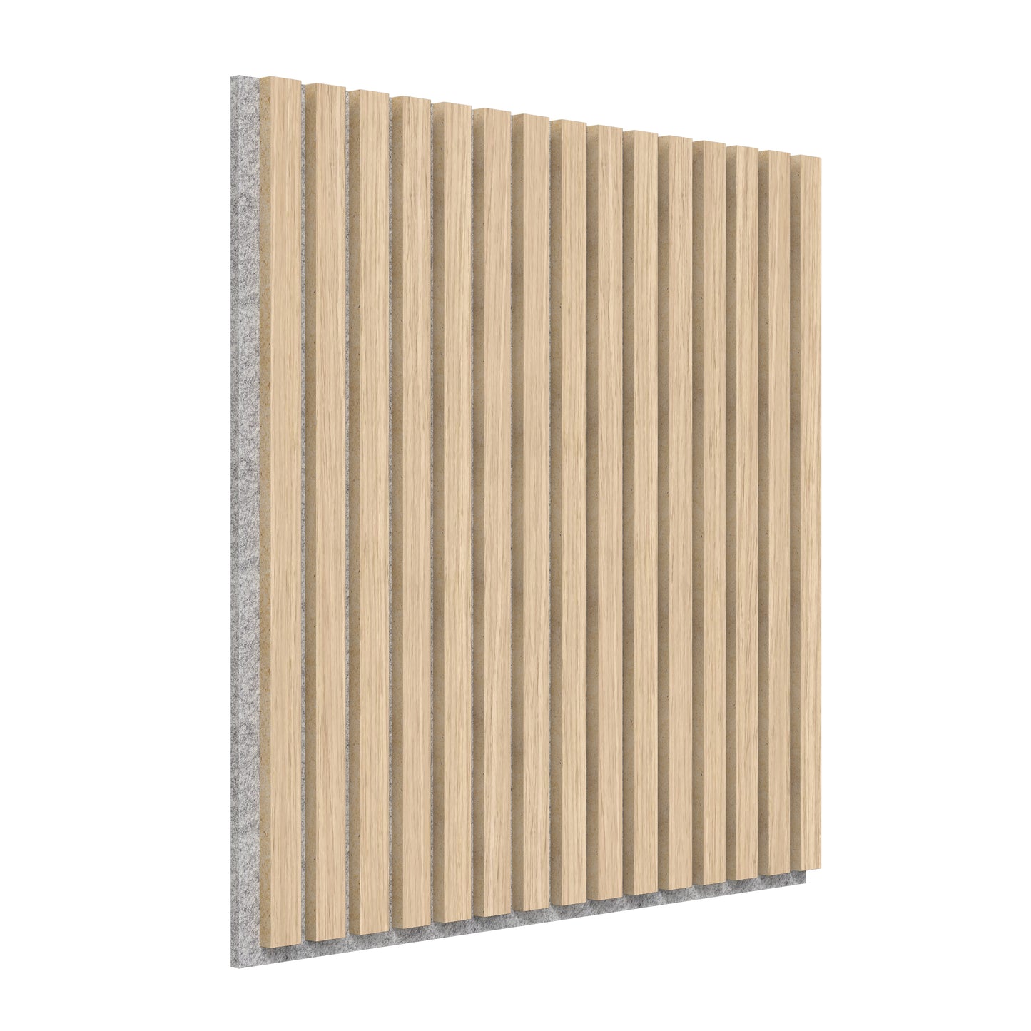 The Artika Sonolok 15.5 ft sound-absorbing wall panel kit features vertical light wood slats on a gray backing, shown from an angled side view to emphasize the texture and spacing.