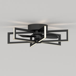 The Artika Swirl 26 in. LED modern ceiling fan features geometric square light frames, four blades, three speeds, and comes with a remote—shown in black and mounted on a white ceiling.