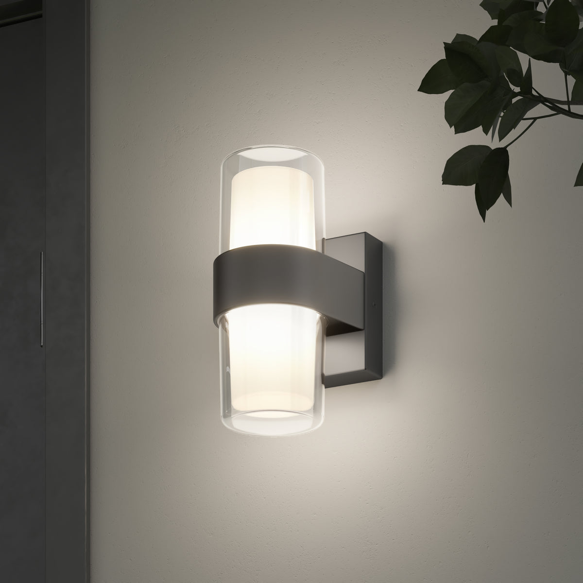 A modern wall-mounted light fixture with a cylindrical design, frosted inner glass, and a dark metal band, illuminating a light-colored wall near a leafy plant.