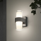 A modern wall-mounted light fixture with a cylindrical design, frosted inner glass, and a dark metal band, illuminating a light-colored wall near a leafy plant.