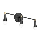 A modern black wall sconce with three cone-shaped light fixtures, each featuring a white bulb and gold accents, mounted on a circular base.