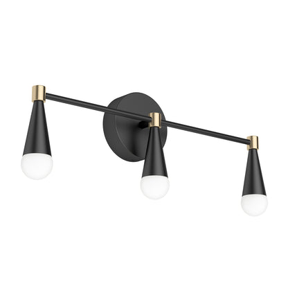 The Artika Wayden LED mid-century bathroom vanity light features three black and gold cone holders with round white bulbs, arranged horizontally on a central black circular base, and offers 3 CCT options.