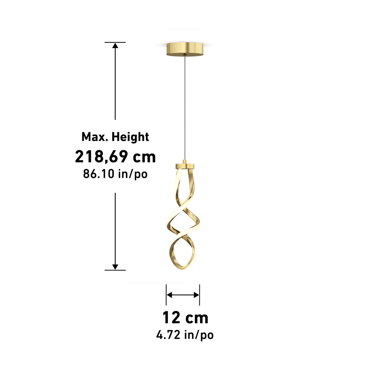 A gold pendant light with a twisted design, suspended from the ceiling. Dimensions are shown: maximum height 218.69 cm (86.10 in), and diameter 12 cm (4.72 in).