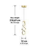 A gold pendant light with a twisted design, suspended from the ceiling. Dimensions are shown: maximum height 218.69 cm (86.10 in), and diameter 12 cm (4.72 in).