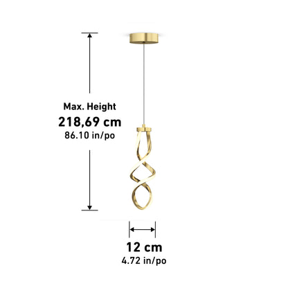 A gold pendant light with a twisted design, suspended from the ceiling. Dimensions are shown: maximum height 218.69 cm (86.10 in), and diameter 12 cm (4.72 in).