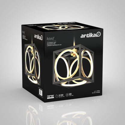Black packaging box for the Artika Astoria LED modern pendant light, displaying its geometric design with illuminated rings in a square frame, along with product specs and Artika branding.