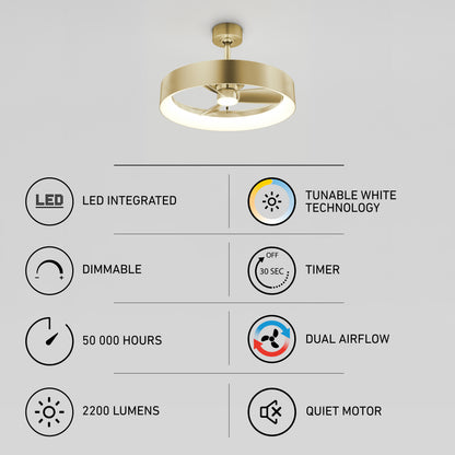 Ceiling fan with gold finish and integrated LED light; icons highlight features: LED integrated, tunable white technology, dimmable, timer, 50,000 hours lifespan, dual airflow, 2200 lumens, and quiet motor.
