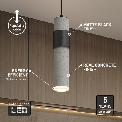 The Artika Barden 3-light LED pendant features a matte black and real concrete finish, adjustable height, energy efficiency, and comes with a 5-year warranty—a modern choice for your kitchen counter.