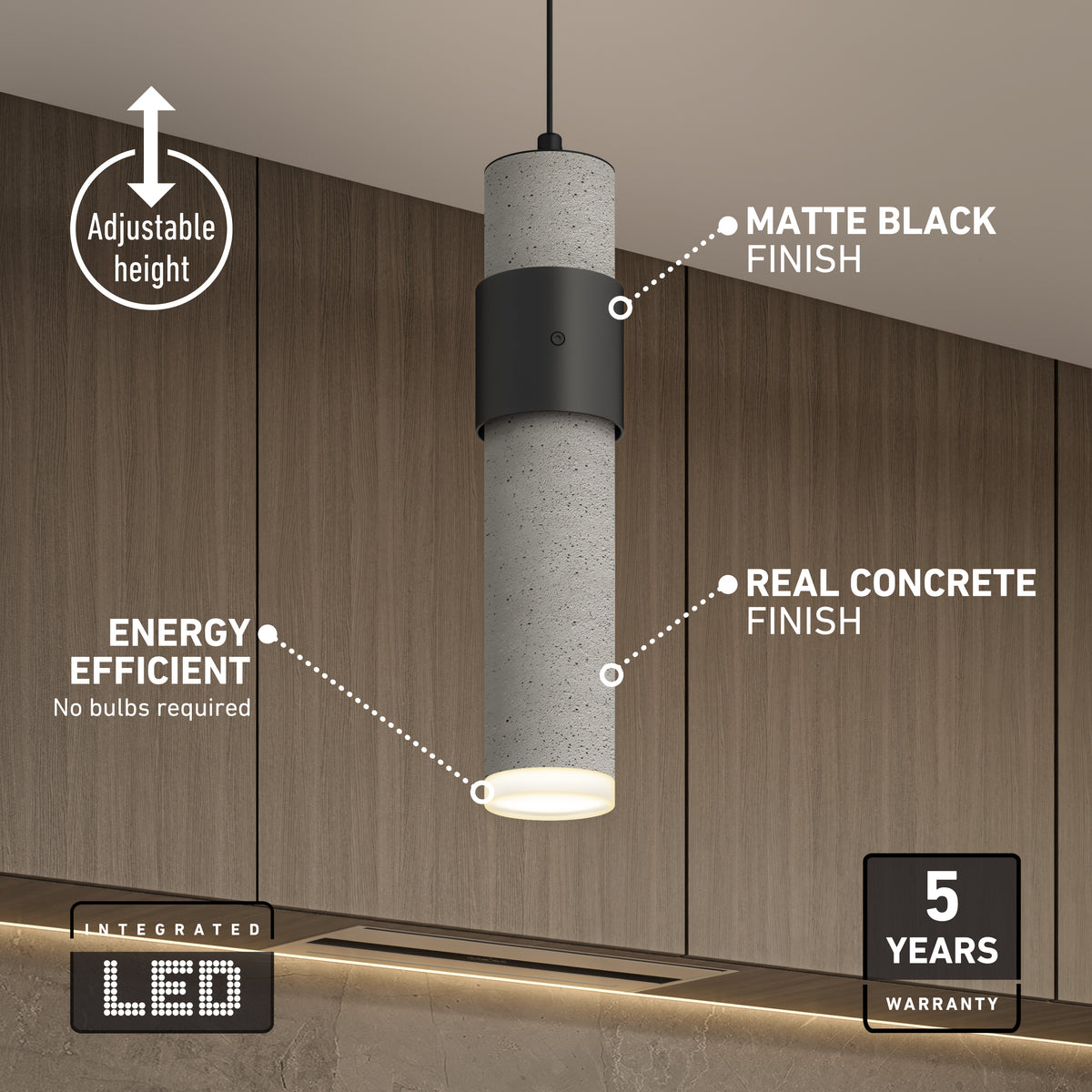 A modern cylindrical pendant light with a matte black and concrete finish hangs over a kitchen counter. Labels highlight its adjustable height, energy efficiency, integrated LED, and 5-year warranty.