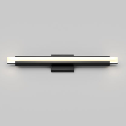 The Artika Ophelia modern LED bathroom vanity light 5 CCT is a wall-mounted fixture with a horizontal rectangular design, central illuminated bar, and black metal accents, shown against a plain gray background.