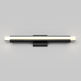A modern, minimalist wall-mounted LED light fixture with a horizontal, linear design. The fixture features a sleek black base and a long, glowing white light bar extending from both sides.