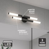 Modern matte black LED vanity light with two horizontal bars mounted above a bathroom mirror, featuring labels for energy efficient, integrated LED, and 3 years warranty.