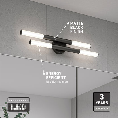 The Artika Boro LED modern bathroom vanity light 5 CCT, with two horizontal bars and a matte black finish, installs above your mirror. It features integrated LEDs, energy efficiency, and comes with a 3-year warranty.