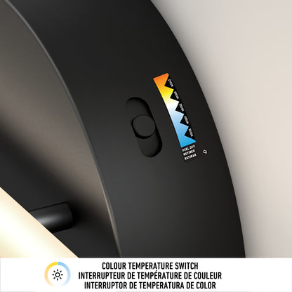 Close-up of the Artika Cisco modern LED bathroom vanity light 5 CCT, featuring a black color temperature switch labeled with a warm yellow to cool blue gradient and multilingual text explaining it is for color temperature.
