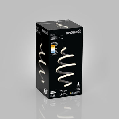 A black box for the Artika Chorus 1-light LED pendant 5 CCT showcases a spiral LED fixture image, product details, icons, and white text on the front and side panels, all set against a light gray background.