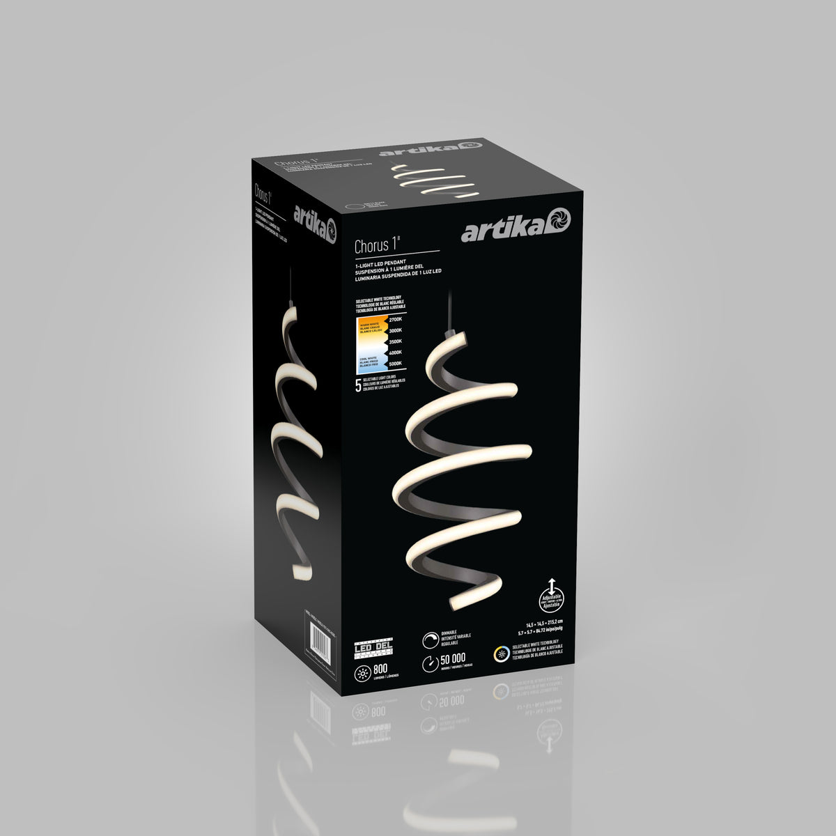 A black Artika box featuring the Chorus 1 LED light, with a spiral-shaped lamp image, product details, and icons highlighting energy efficiency, 5-year warranty, and a brightness of 800 lumens.