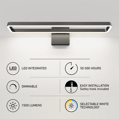 The Artika Hinge LED modern bathroom vanity light 3 CCT is a rectangular fixture featuring integrated LEDs, 50,000-hour lifespan, 1,500 lumens brightness, dimmable lighting, easy installation, and selectable white technology.