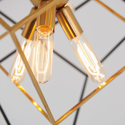 Three lit vintage-style bulbs in Artika’s Imperium 9-light chandelier, gold geometric frame, set against a white background.