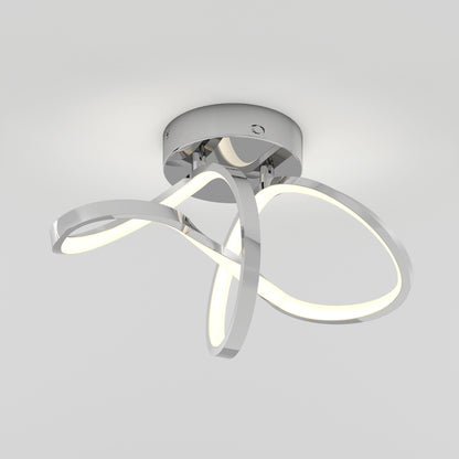 The Artika Loop modern LED flush mount light features a chrome base and three intertwined illuminated loops, offering 3 CCT options, shown against a plain white background.