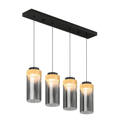The Artika Hanson 4-light LED pendant features four cylindrical lamps with wooden accents and semi-transparent glass shades, all suspended from a rectangular black ceiling mount. Adjustable CCT options offer versatile lighting for modern spaces.
