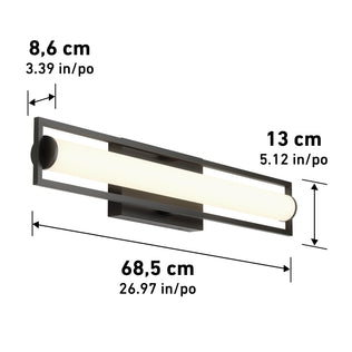 The Artika Rialto modern LED bathroom vanity light 3 CCT features a rectangular design with a horizontal frosted tube, dimmable lighting, and dimensions of 8.6 cm deep, 13 cm tall, and 68.5 cm wide.