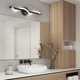 Modern bathroom with a large mirror, vessel sink, wood cabinets, and an Artika Neon modern LED vanity light 5 CCT above the mirror.