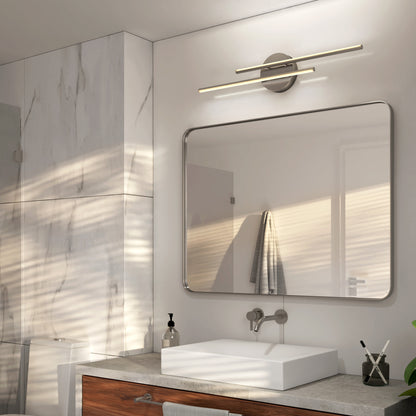A modern bathroom features marble walls, a large mirror, square white sink, wall-mounted faucet, wooden vanity, soap dispenser, towel on the wall, and is illuminated by the Artika Cisco modern LED bathroom vanity light 5 CCT.