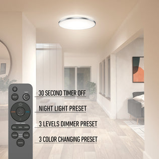 A modern living room features the Artika Europa 21 in. LED flush mount light with a remote, offering a 30-second timer off, night light mode, 3-level dimmer, and 3 color-changing presets. The remote control is displayed on the left.