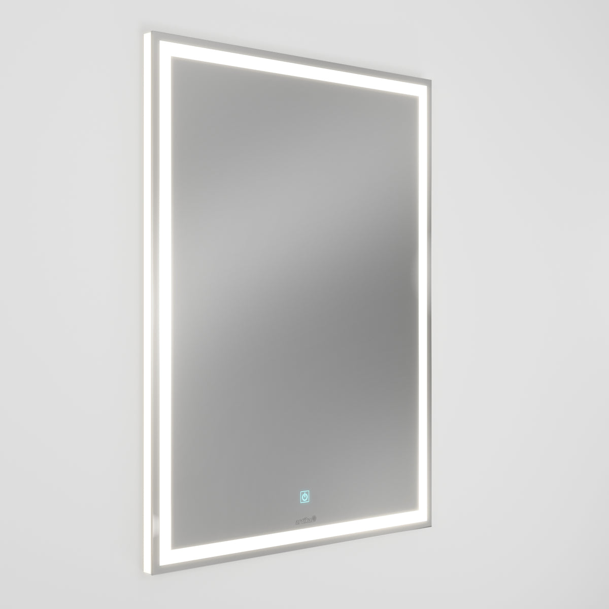 A rectangular wall-mounted mirror with a built-in LED light frame glows softly against a plain white background. A small touch button is visible at the lower center of the mirror.