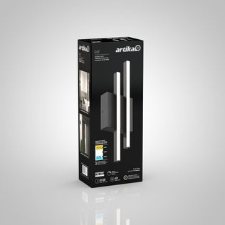 A black box of the Artika Grid indoor-outdoor LED wall light displays images of the fixture, product details, and icons highlighting features like brightness, color temperature, and energy efficiency.