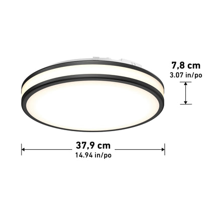 The Artika Hemisphere 15 in. LED flush mount light offers adjustable brightness, a sleek black trim, white diffuser, and measures 14.94" diameter x 3.07" height—perfect as a modern bathroom fixture with 5 selectable color temperatures.