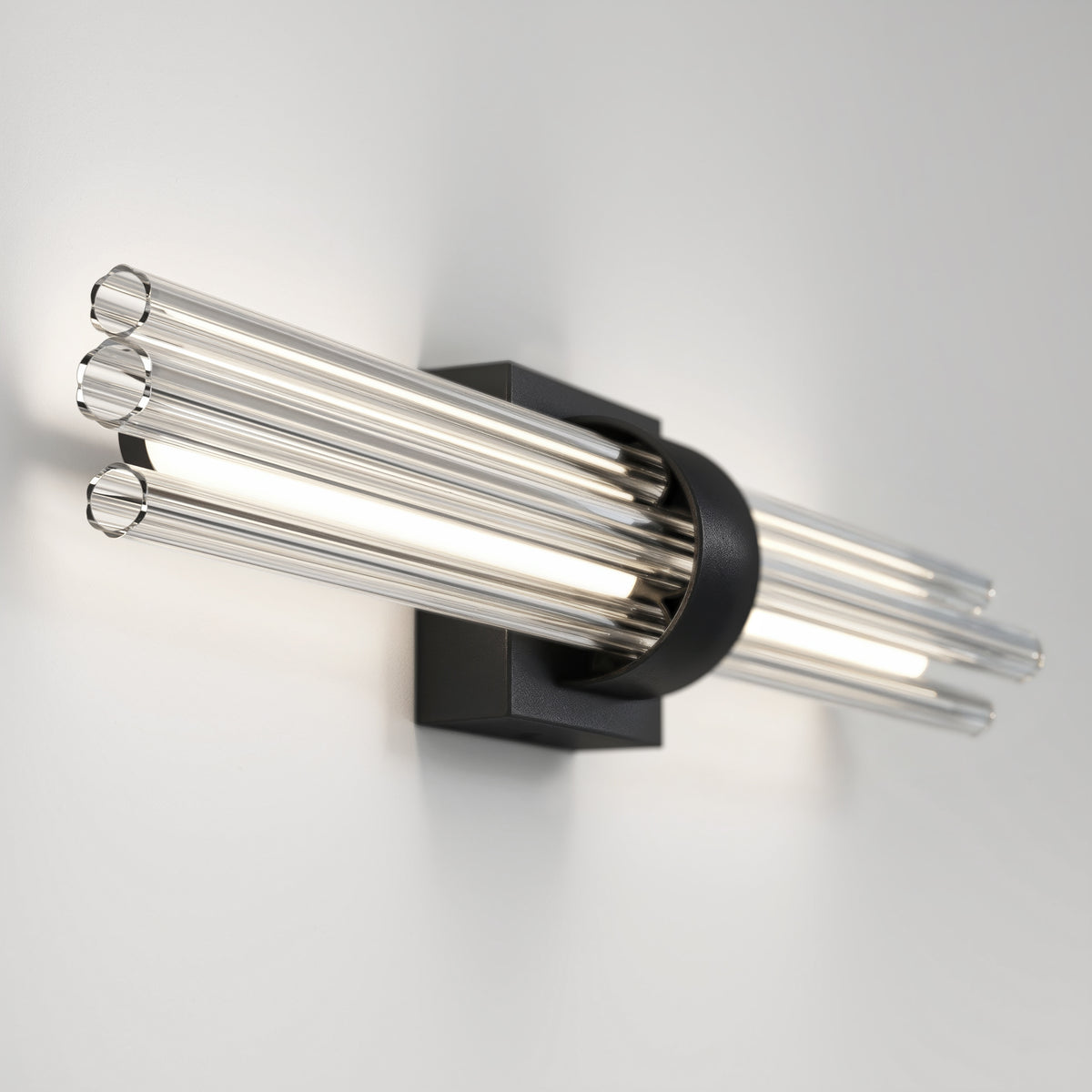 Artika Dorado 27″ 1-Light LED Wall Vanity 5CCT: modern dimmable fixture with glass rods, black base—perfect for any white wall.
